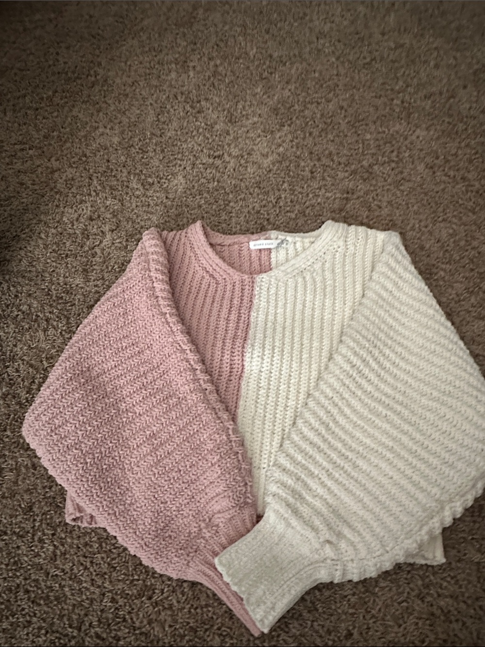 Altar'd State Pink & Cream Split Ribbed Crewneck Sweater